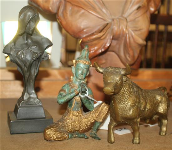 Brass bull figure, Indian darts player & figure of a lady